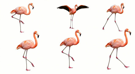 Obraz premium Flamingos Standing and Walking on White Background