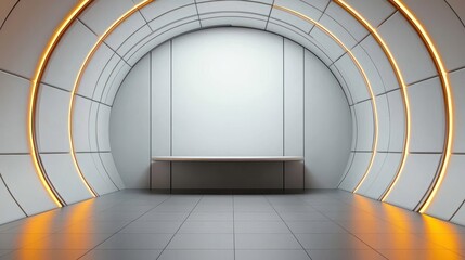 Obraz premium Futuristic stainless steel dining pod with curved metallic walls, dynamic lighting, and a floating table concept