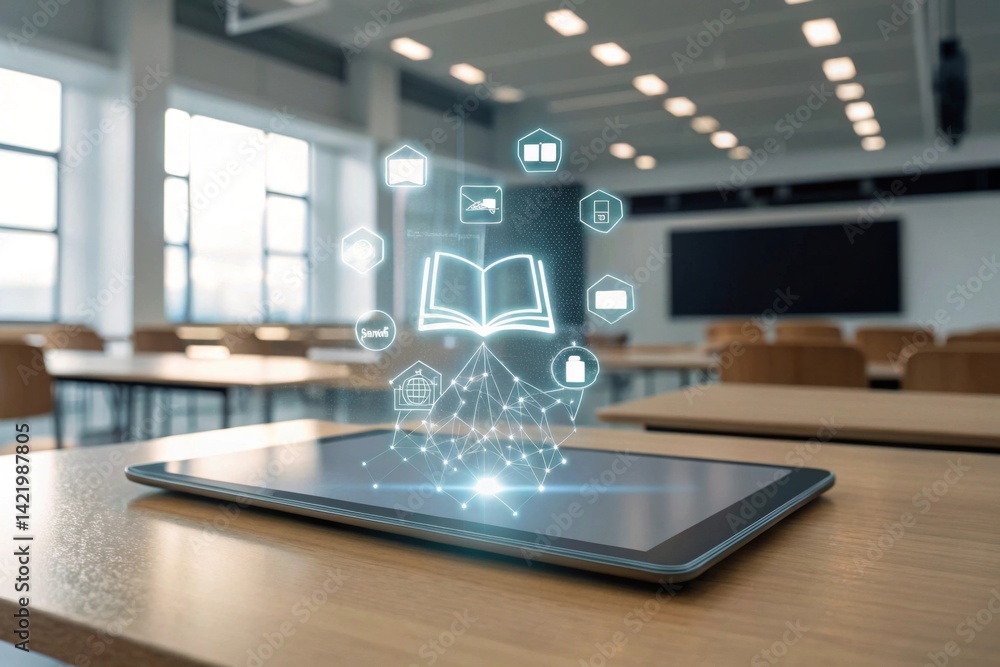 Poster digital tablet with glowing icons of books digital tablet displaying holographic educational icons i