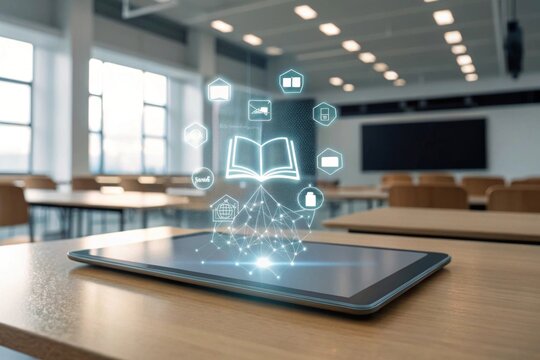 Digital tablet with glowing icons of books Digital tablet displaying holographic educational icons in a modern classroom setting.
