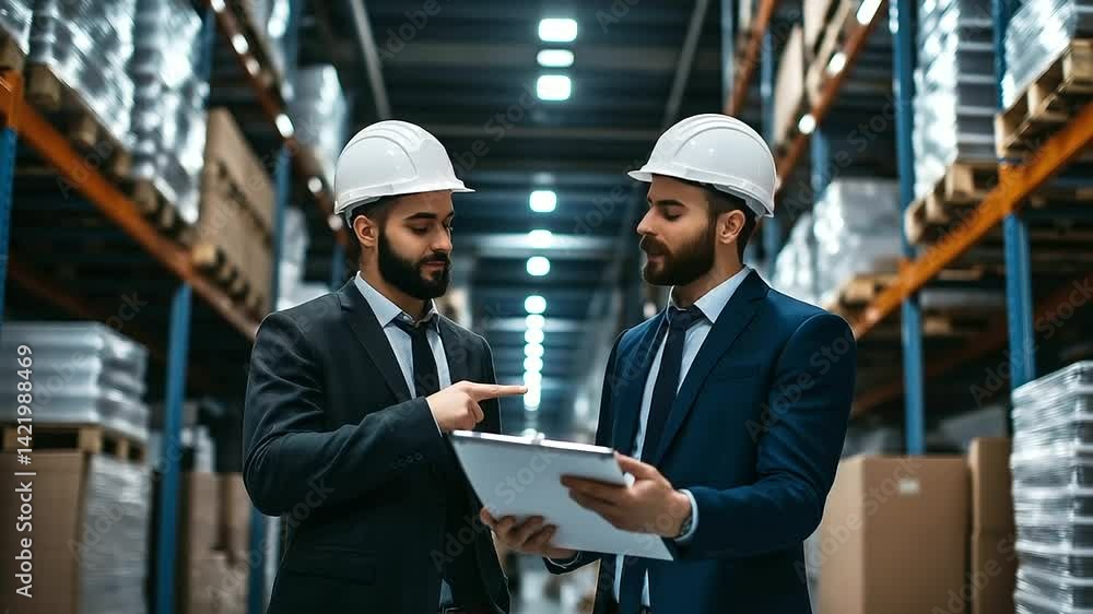 Poster two professionals finalize a business agreement in a spacious warehouse, with organized inventory an
