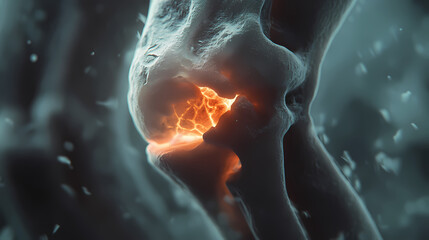 Close-up of a knee joint highlighting pain, showcasing human anatomy, focus on injury, and medical visualization for health awareness. Psyche Swell. Illustration