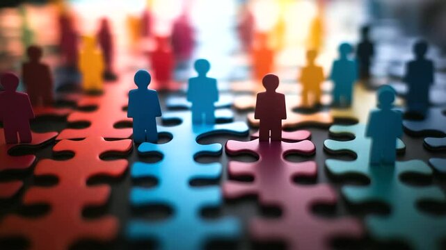 Vibrant puzzle pieces interlock to form silhouettes of diverse individuals, representing teamwork and collaboration in a company. The concept illustrates organizational structure a