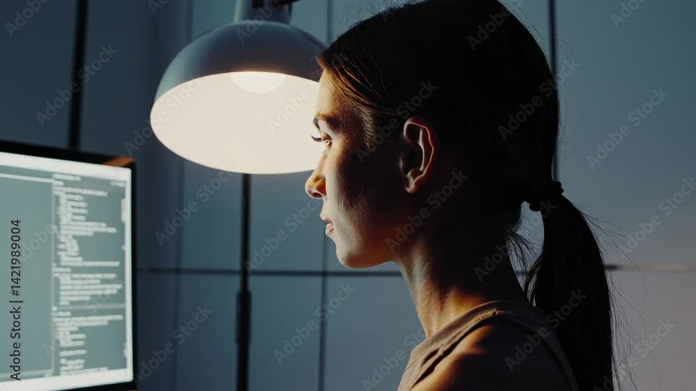 Aufkleber Female programmer wearing ponytail coding intensely at night, working on source code in dimly lit office illuminated by desk lamp, showing professional concentration and technological expertise