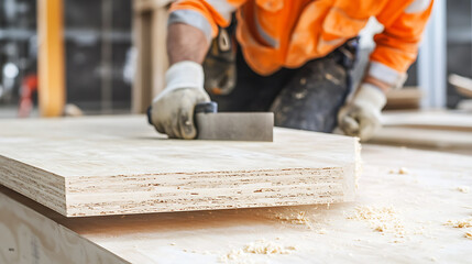 Construction Worker Using a Hand Saw on Plywood