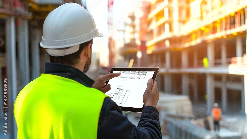 Aufkleber a construction foreman gestures towards a tablet screen, showcasing a precise d digital twin model o