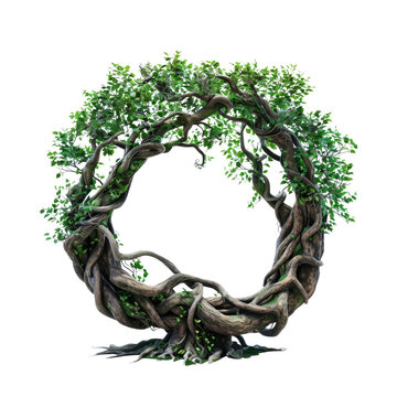 An ancient, intertwined tree forming a mystical circle, symbolizing life's unending cycle and resilience, with lush green foliage and gnarled roots against a pure white background.