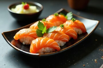 Elegant sushi platter, minimalist arrangement, Japanese food, minimalist, miso