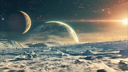 Planets gather in the solar system amidst glowing stars in a vibrant cosmic atmosphere