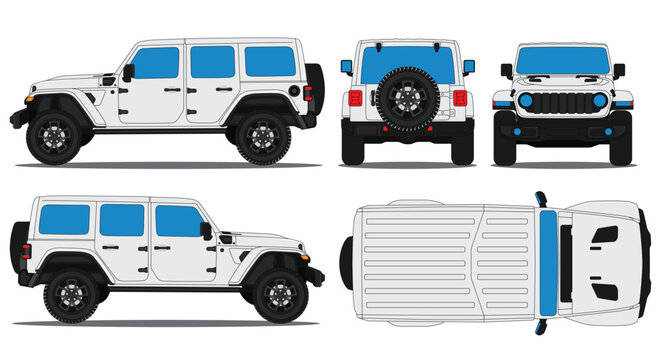 Off Road Car Vector. Side, Front, Back, Top Views Isolated Background