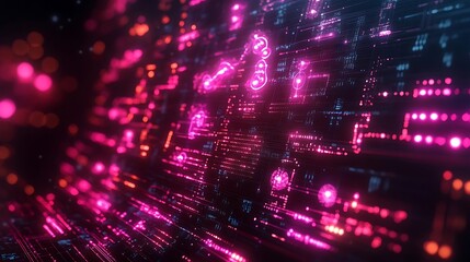Abstract digital circuit board with glowing holographic elements.