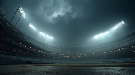 Early Morning Scene at a Baseball Stadium Under Cloudy Skies