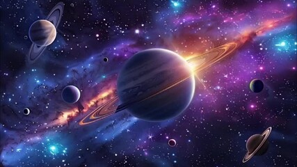 Planets gather in the solar system amidst glowing stars in a vibrant cosmic atmosphere