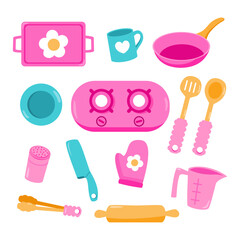 Set Cute Pink Kitchenware And Cookware. Kitchen utensils, tools, equipment and cutlery. Cook appliances and accessories illustration