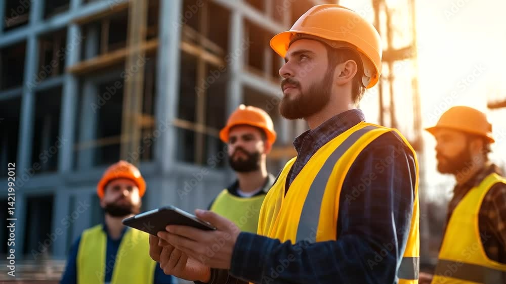 Poster a diverse team of construction professionals collaborates on-site, using a digital twin simulation o