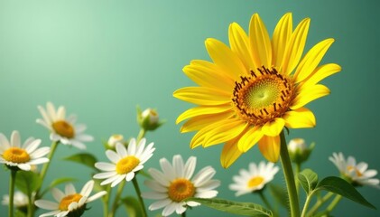 Obraz premium One bright yellow sunflower amongst white daisies, beauty, white