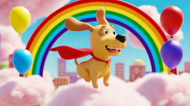 Joyful cartoon dog soaring through rainbow arch