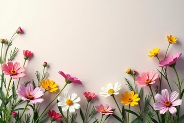 Scattered wildflowers on muted pastel backdrop, subtle, summer