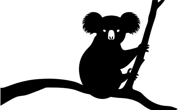recommend clip art: Koala Silhouette on Branch: A graphic silhouette of a koala bear perched on a tree branch. The minimalist design emphasizes the iconic shape of the animal in its natural habitat. 