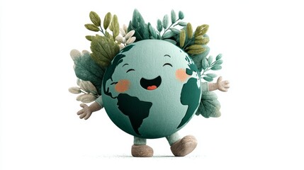 Cartoon Earth with a Smiling Face Surrounded by Greenery and Friendly Vibes