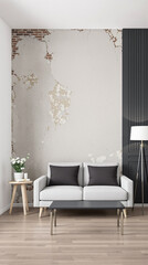 white sofa and black pillows in a modern living room with distressed brick wall