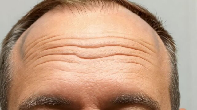 Close up of male forehead displaying prominent wrinkles and thinning hair, highlighting the effects of aging and potential hair loss concerns