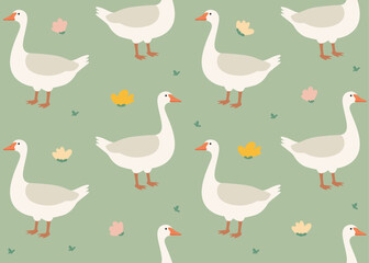 Cute seamless pattern with geese and flowers in green background. Spring summer background.