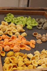 Orecchiette, a type of Italian pasta. Demonstration of the famous Apulian orecchiette common in Italy. Varieties of fresh pasta with different flavors. Italian pasta in the shape of small ears