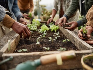 Collaborative gardening: Diverse group planting seedlings in a raised bed, symbolizing community, growth, and sustainability. Ideal for environmental campaigns, urban farming initiatives, and organic 