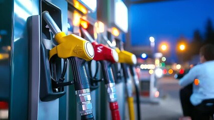 A fuel pump station at peak hours, with multiple lined-up dispensers. Clear labels for diesel, regular, and premium fuel options shine under bright overhead lights. Close-up.