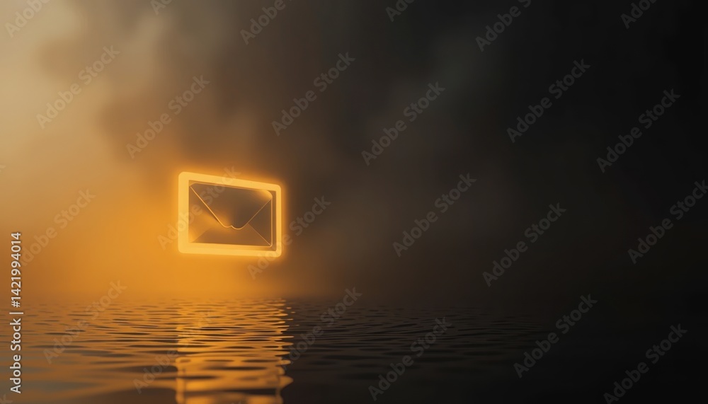 Poster mysterious floating frame emerges from foggy waters at dusk surreal artwork exploring illusion and p