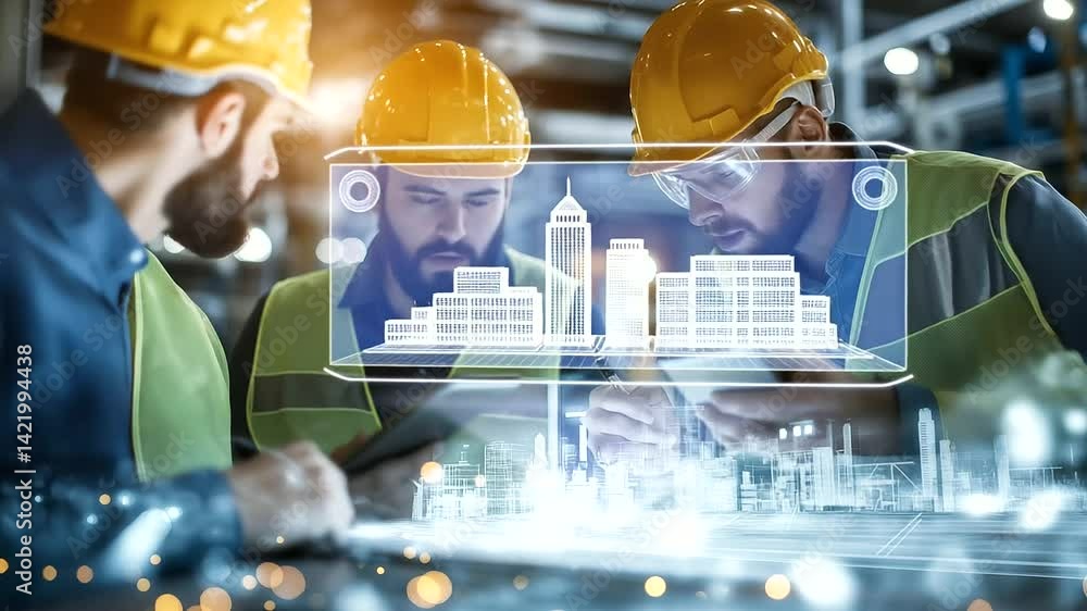 Aufkleber a group of engineers and construction workers huddle around a tablet displaying a d digital twin of 