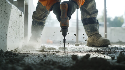 Construction Worker Using a Jackhammer on Concrete