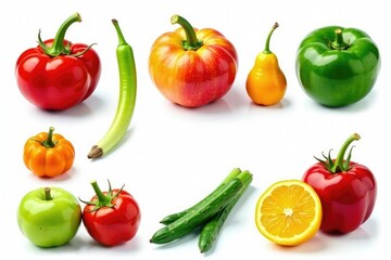 Variety of organic fruits and vegetables isolated on white, vegetables, agriculture, market