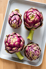 Fototapeta premium four vibrant purple and green artichokes arranged on a grey tray
