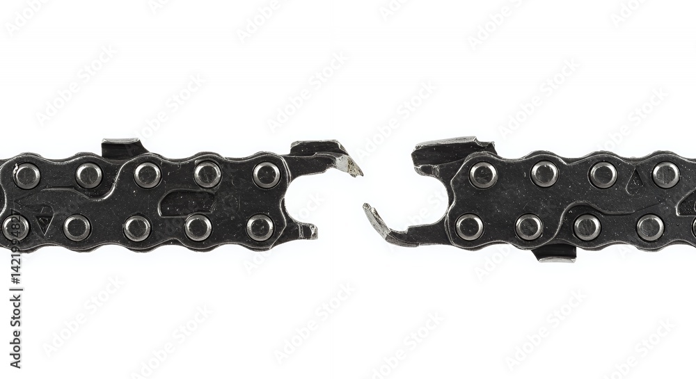 Poster broken chainsaw chain link with sharp edges on white background