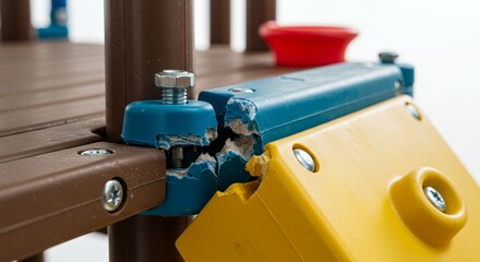 Broken Climbing Frame Joint with Damaged Plastic Components Isolated on White Background