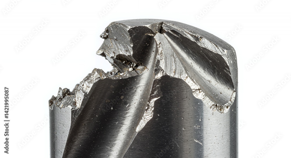 Poster broken drill bit tip with jagged edges isolated on white background