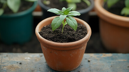 Young Basil Sprout in Terracotta Pot