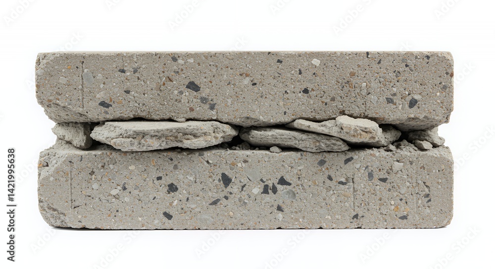 Poster broken gray cinder block with coarse aggregate isolated on white background