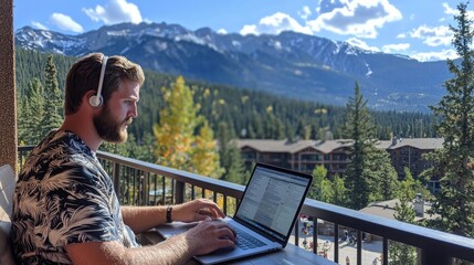 Remote work in a scenic mountain setting with a laptop and headphones.