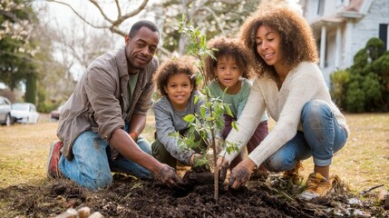 Family planting a tree together in a garden setting.