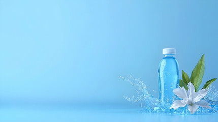 Blue Water Bottle with Jasmine Flower and Splash on Light Blue Background