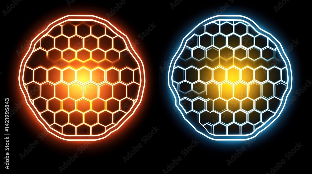 Poster two glowing hexagonal structures in contrasting colors.