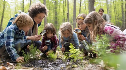 Exploring nature with children in a forest setting.
