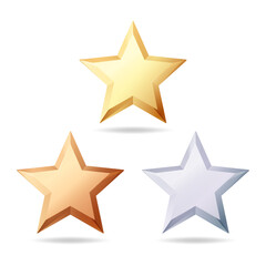Golden silver and bronze star product rating review. 3d realistic style. Leadership, game award vector illustration isolated on white background.