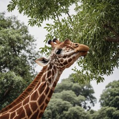 "A giraffe stretching its neck to eat leaves, minimal white background"