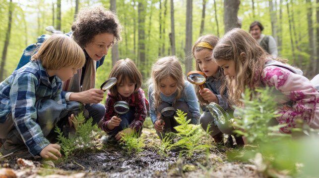 Exploring nature with children in a forest setting.