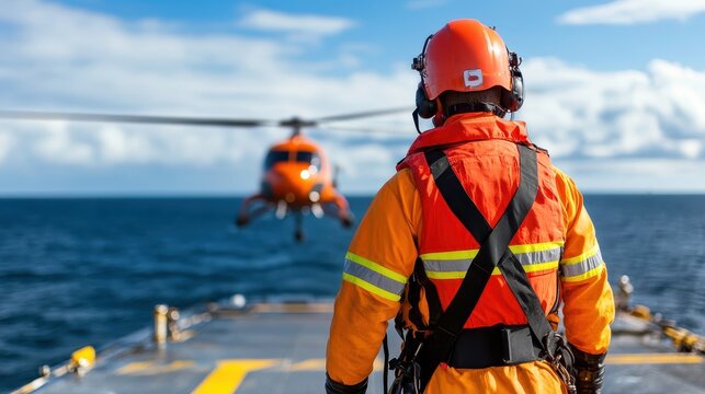 Offshore Oil Rig Worker in Life Saving Flotation Device Near Helicopter