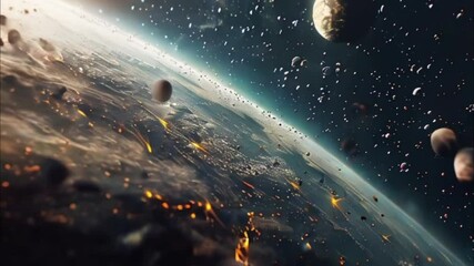 Planets gather in the solar system amidst glowing stars in a vibrant cosmic atmosphere